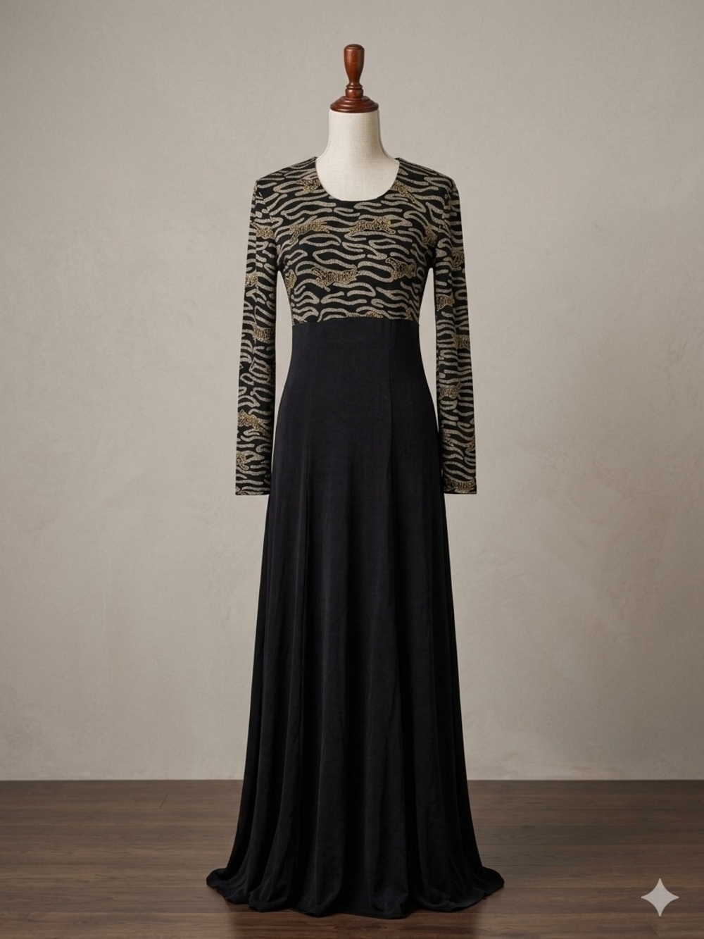 Vintage Joseph Ribkoff Black Maxi Dress with Gold-Accent Patterned Bodice